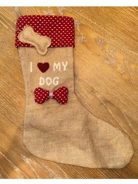 Christmas Burlap Stocking I LOVE MY DOG